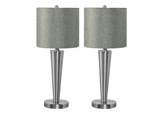 Set of Two 24" Silver Metal Candlestick USB Table Lamps With Gray Drum Shade