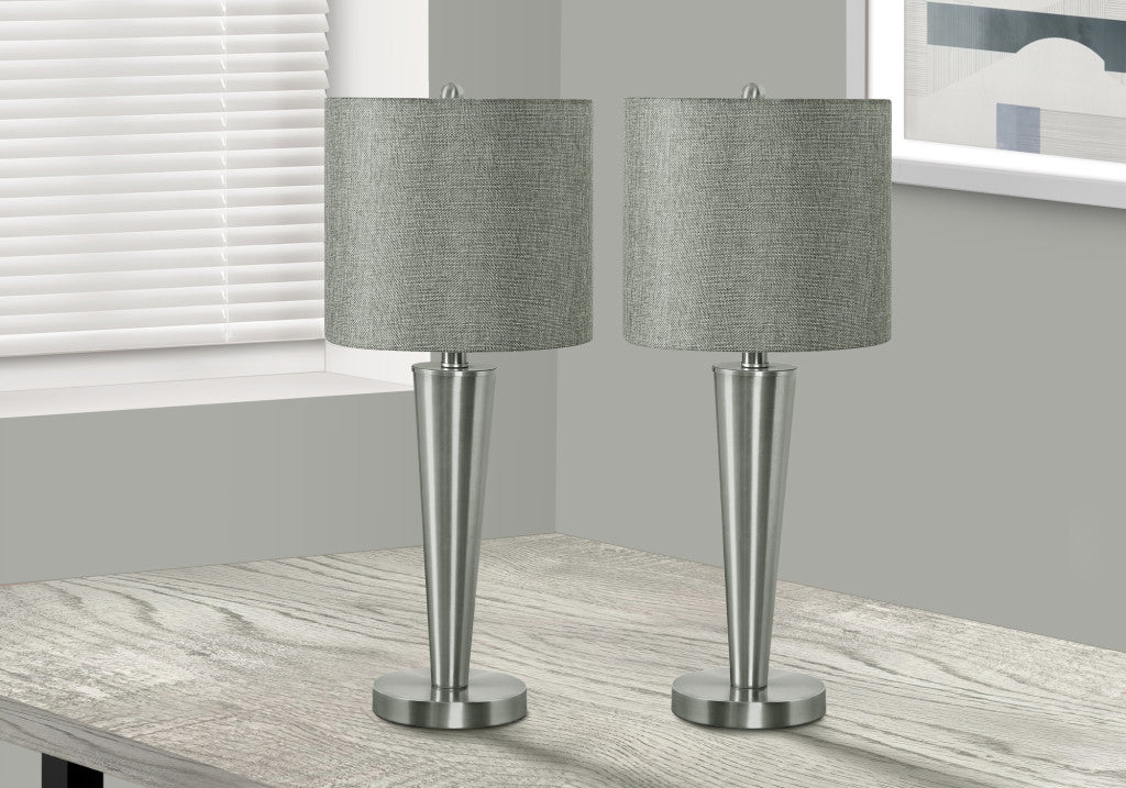 Set of Two 24" Silver Metal Candlestick USB Table Lamps With Gray Drum Shade