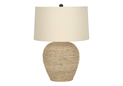 25" Beige Rattan Round Table Lamp With Beige Drum Shade