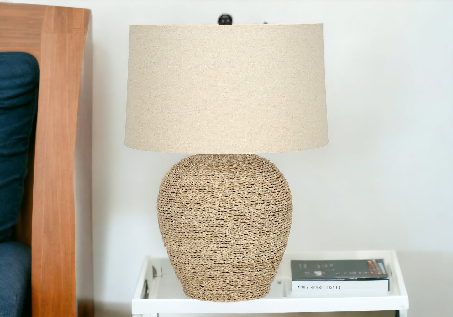 25" Beige Rattan Round Table Lamp With Beige Drum Shade