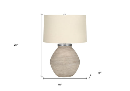 25" Cream Concrete Round Table Lamp With Beige Drum Shade