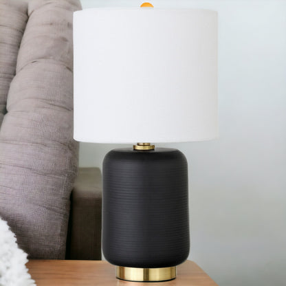 15" Black and Gold Ceramic Cylinder Table Lamp With White Drum Shade