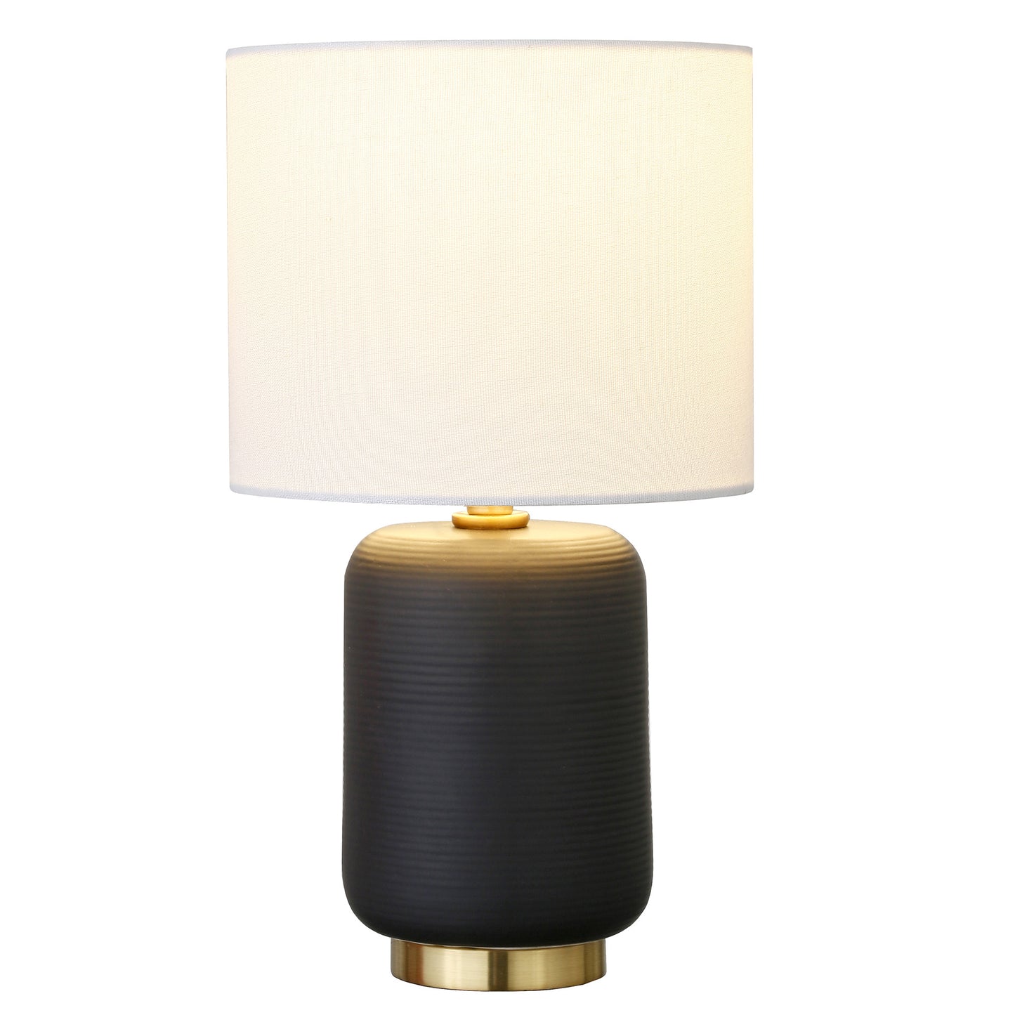 15" Black and Gold Ceramic Cylinder Table Lamp With White Drum Shade