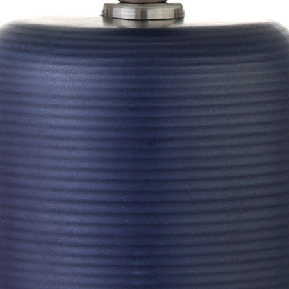 15" Blue and Silver Ceramic Cylinder Table Lamp With White Drum Shade